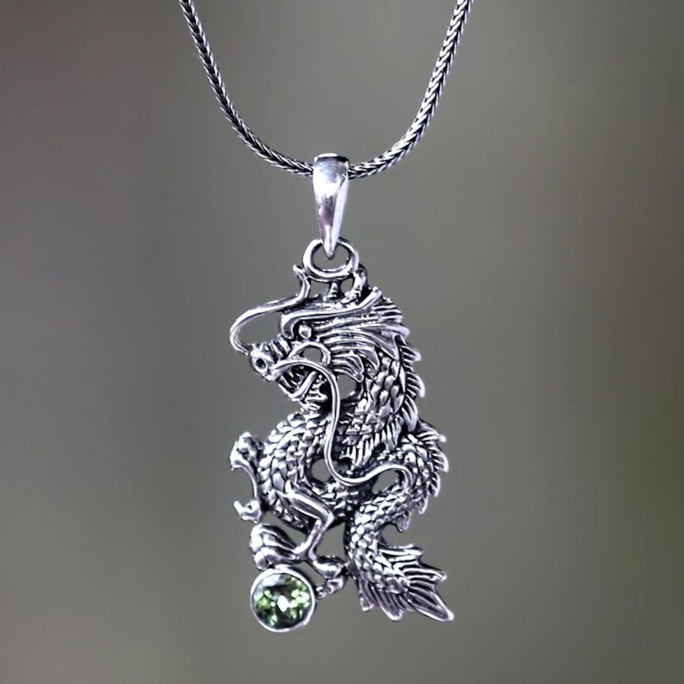 Men Fair Trade Jewelry Sterling Silver and Peridot Necklace 'Dragon's Ball'