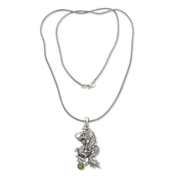 Alternate image for Men Fair Trade Jewelry Sterling Silver and Peridot Necklace Dragons Ball