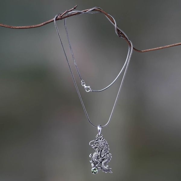 Alternate image for Men Fair Trade Jewelry Sterling Silver and Peridot Necklace Dragons Ball