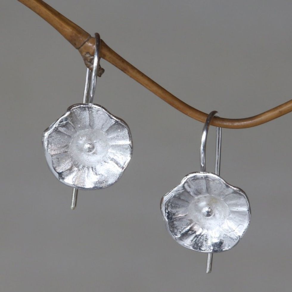 Sterling Silver Earrings Flower Jewelry Handmade in Bali 'Gentle Hollyhocks'