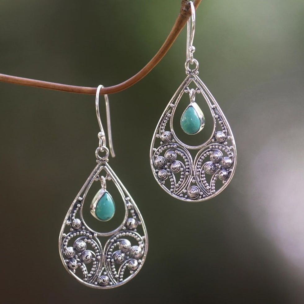 Sterling Silver and Reconstituted Turquoise Dangle Earrings 'Bali Crest'