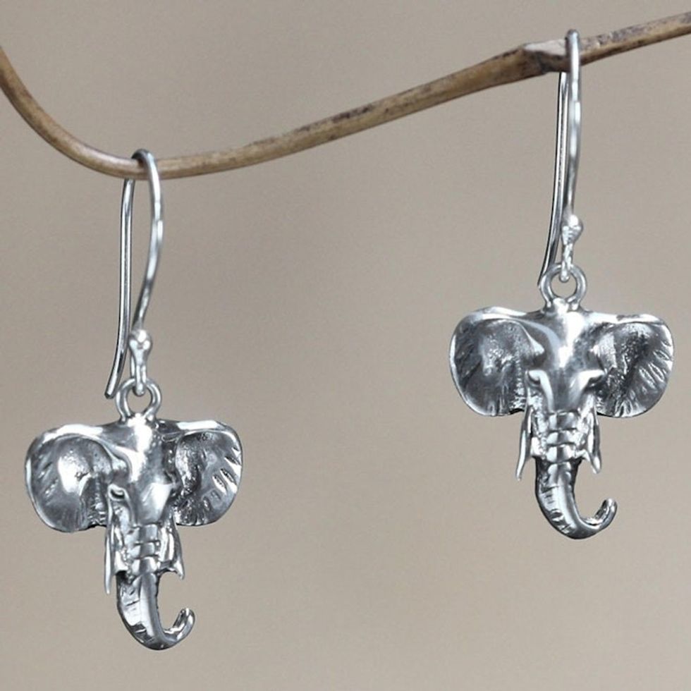 Sterling silver dangle earrings 'Balinese Elephants'