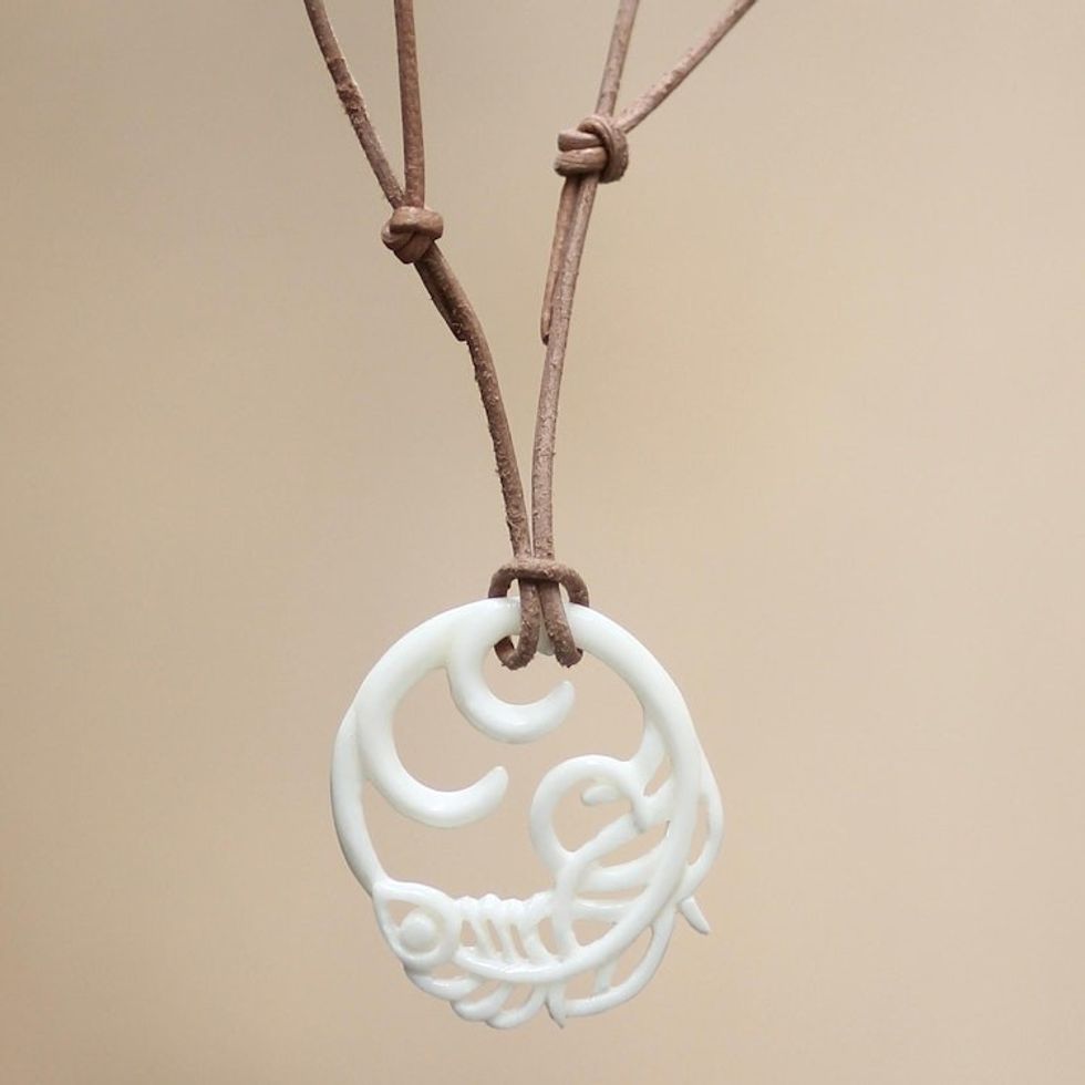 Bone pendant necklace 'Peacock Feather'