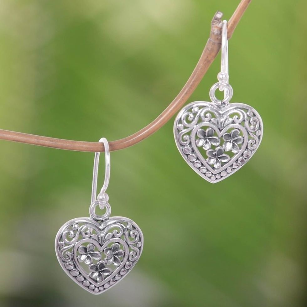Handcrafted Floral Heart Earrings in Sterling Silver 'Romantic Frangipani'