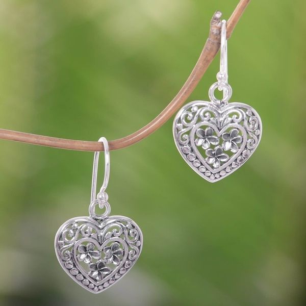 Alternate image for Handcrafted Floral Heart Earrings in Sterling Silver Romantic Frangipani