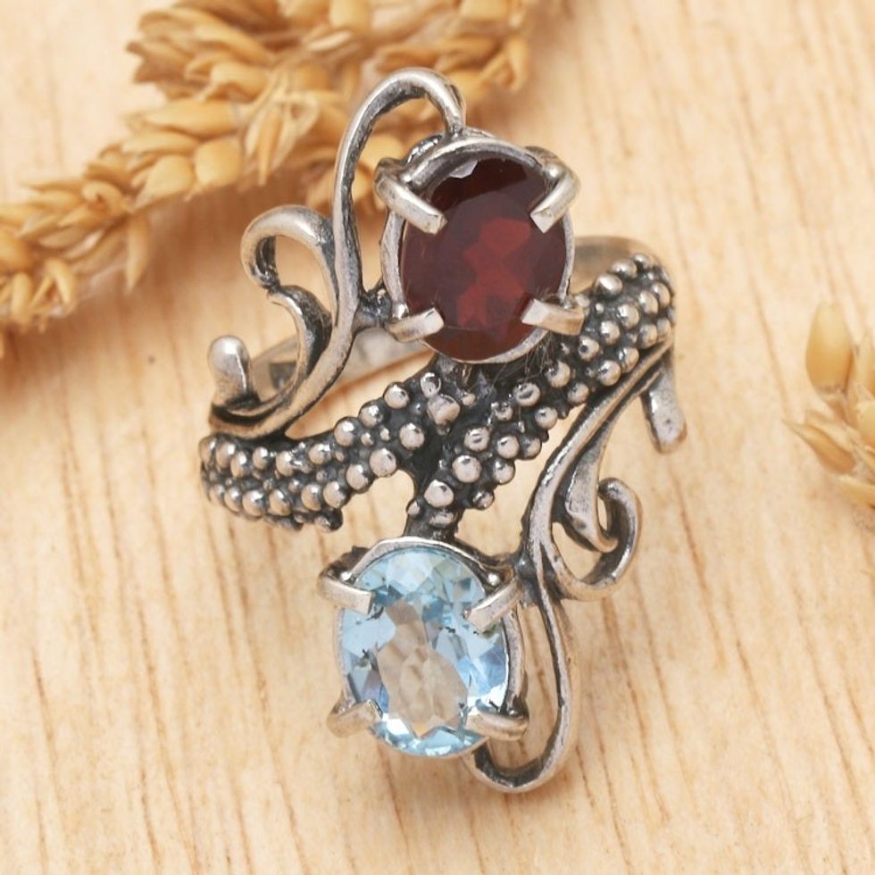 Garnet and Blue Topaz Cocktail Ring from Indonesia 'Magical Union'