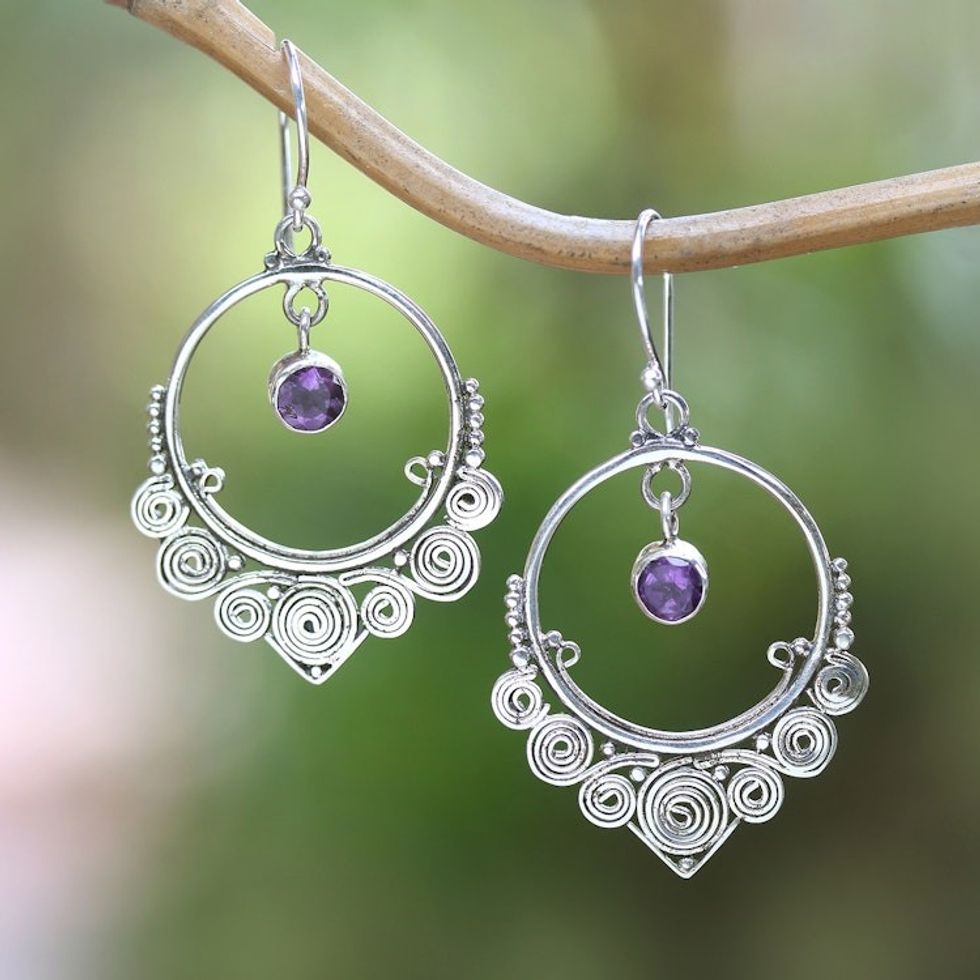Round Amethyst Dangle Earrings in Sterling Silver 'Opulence'