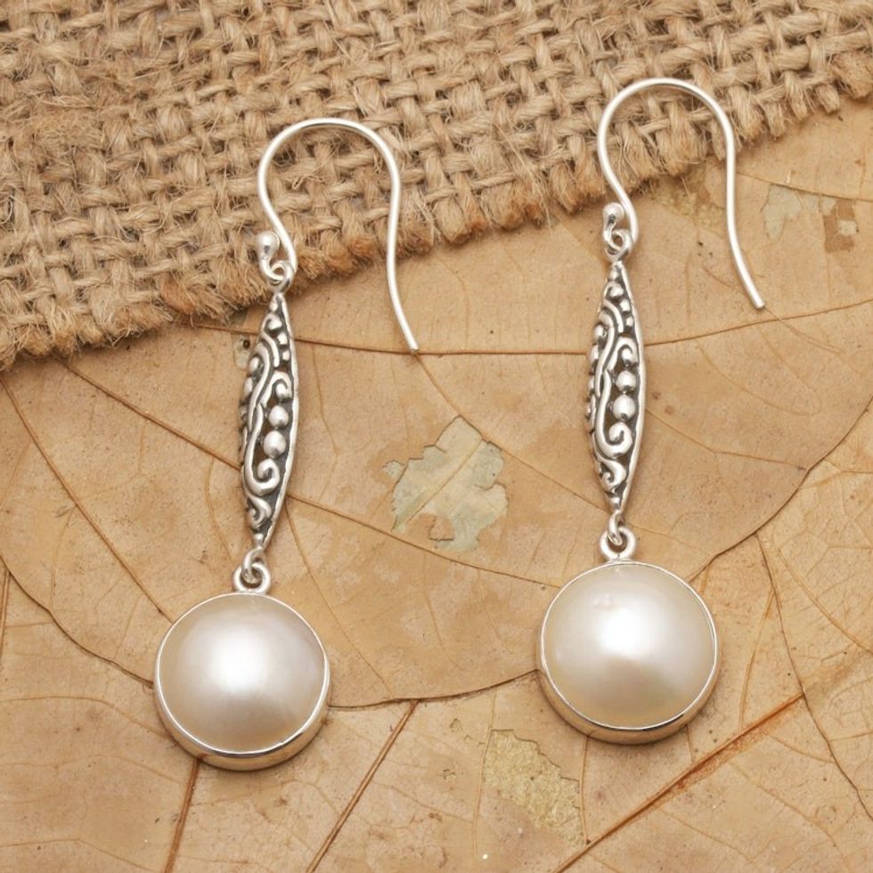 Bali Cultured Mabe Pearl and Sterling Silver Dangle Earrings 'Moon's Bliss'
