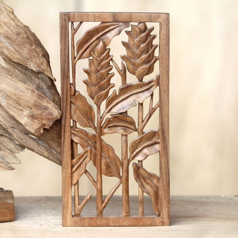 Floral Balinese Relief Panel Hand Carved Wall Sculpture 'Balinese Heliconia'