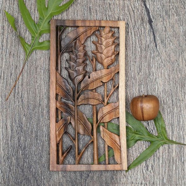 Alternate image for Floral Balinese Relief Panel Hand Carved Wall Sculpture Balinese Heliconia
