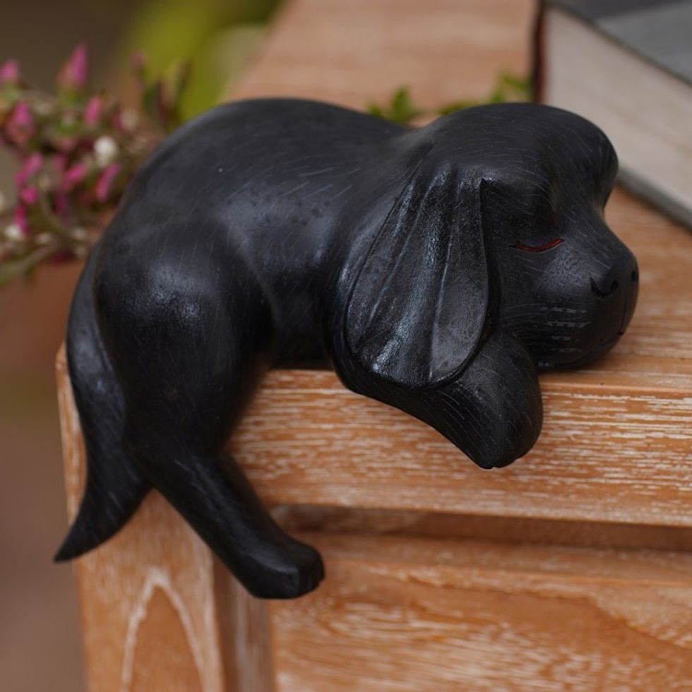 Black Wood Handmade Cocker Spaniel Puppy Sculpture 'Sleepy Black Cocker Spaniel'