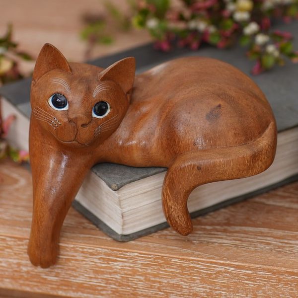 Alternate image for Hand Carved Kitty Cat Sculpture in Medium Wood Finish Watchful Ginger Cat