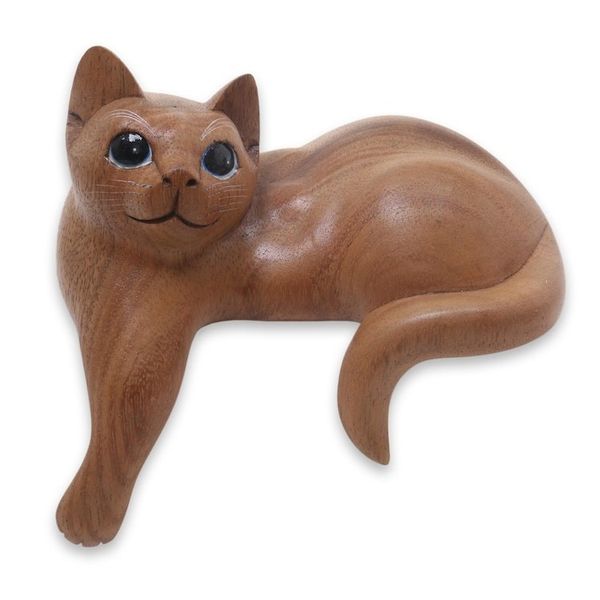 Alternate image for Hand Carved Kitty Cat Sculpture in Medium Wood Finish Watchful Ginger Cat