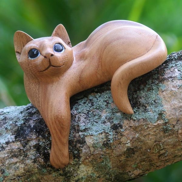 Alternate image for Hand Carved Kitty Cat Sculpture in Medium Wood Finish Watchful Ginger Cat