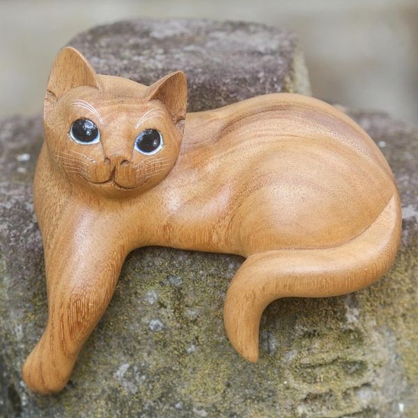 Alternate image for Hand Carved Kitty Cat Sculpture in Medium Wood Finish Watchful Ginger Cat