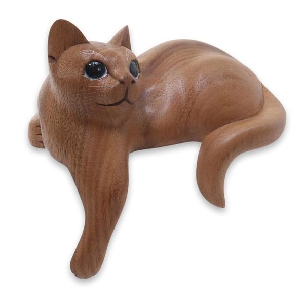 Alternate image for Hand Carved Kitty Cat Sculpture in Medium Wood Finish Watchful Ginger Cat