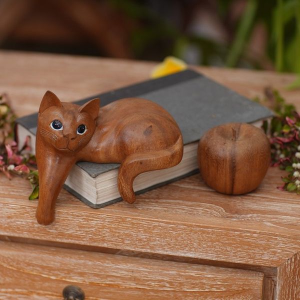 Alternate image for Hand Carved Kitty Cat Sculpture in Medium Wood Finish Watchful Ginger Cat