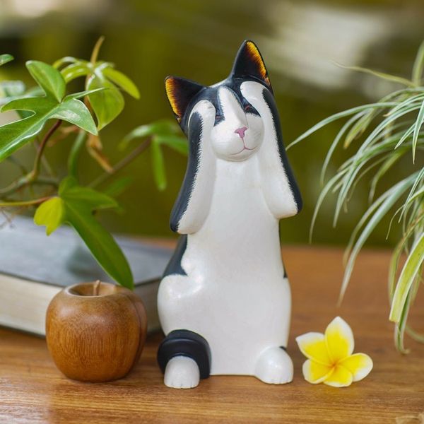 Alternate image for Handcrafted Wood Sculpture See No Evil Spotted Cat