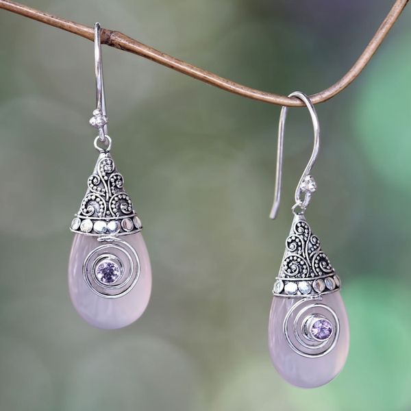 Alternate image for Rose Quartz and Amethyst Sterling Silver Dangle Earrings Mount Bromo Dawn