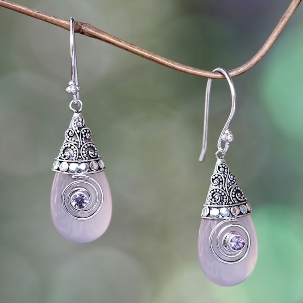 Rose Quartz and Amethyst Sterling Silver Dangle Earrings 'Mount Bromo Dawn'