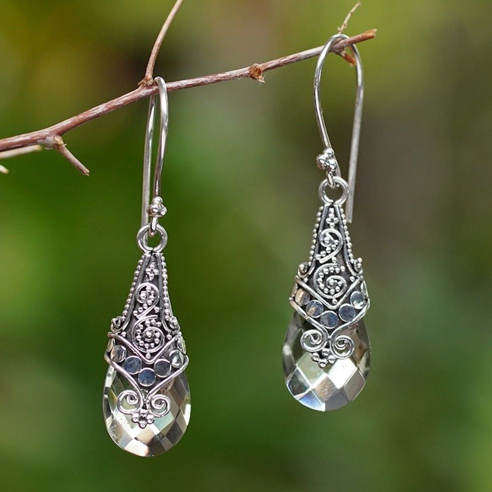 Balinese Style Prasiolite and Silver Dangle Earrings 'Drop of Nature'
