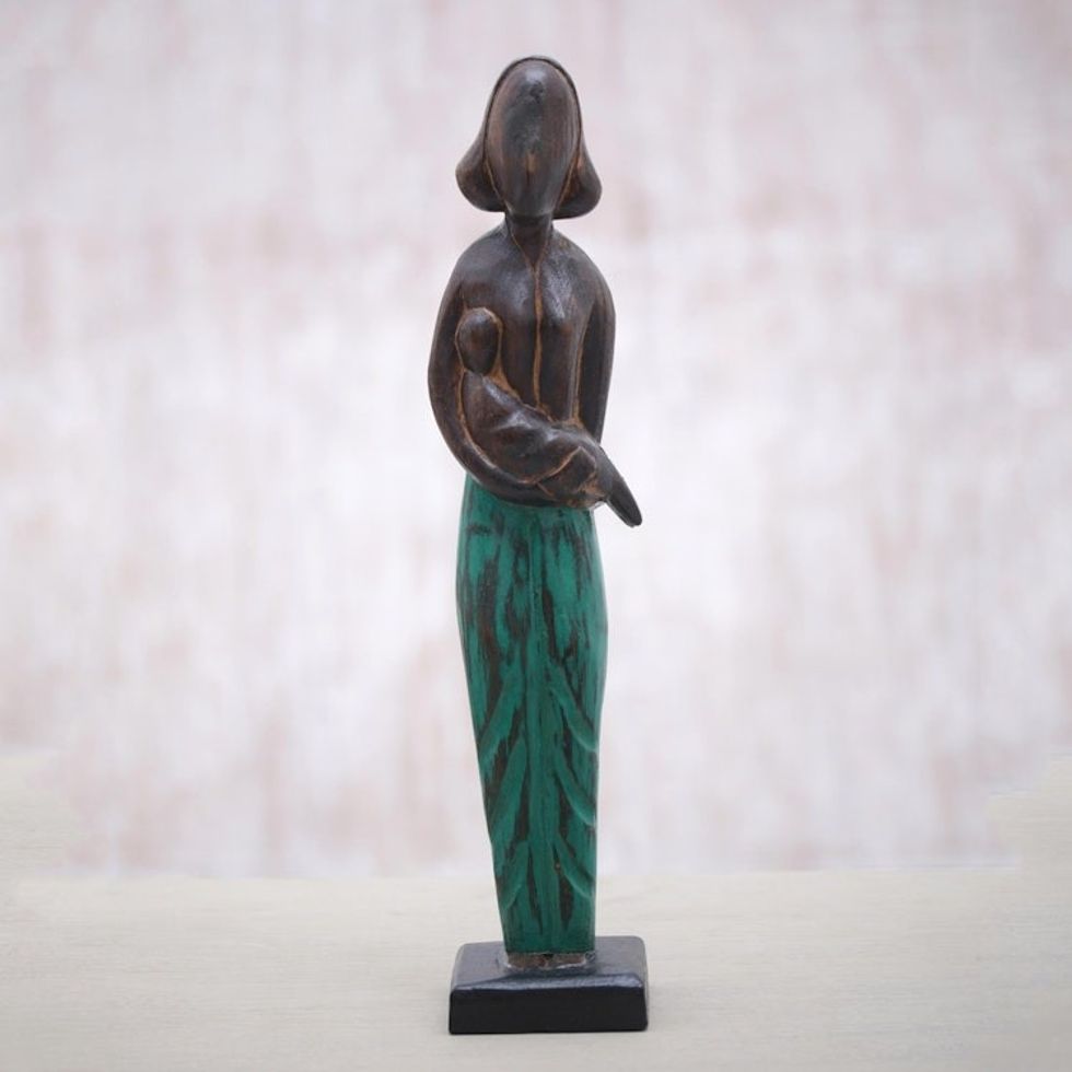 Lovely 17 Inch Mother and Baby Sculpture in Hand Carved Wood 'Lovely Mother'