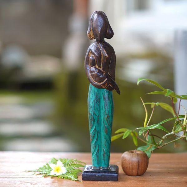 Alternate image for Lovely 17 Inch Mother and Baby Sculpture in Hand Carved Wood Lovely Mother