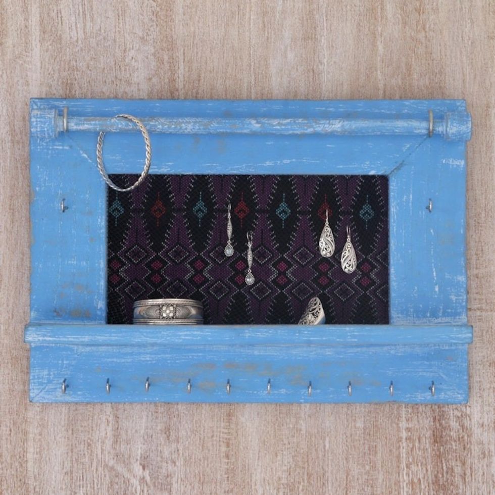 Wood and Cotton Jewelry Display in Sky Blue from Indonesia 'Tegalalang Heritage in Sky'