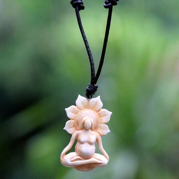 Alternate image for Hand Carved Bone and Leather Mother Necklace from Bali Peace Before Birth