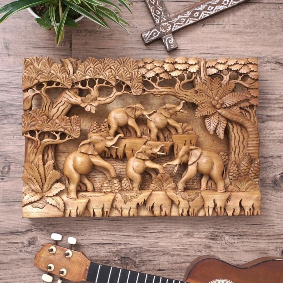 Fair Trade Handcrafted Elephant Wall Relief Panel 'Jungle Frolic'