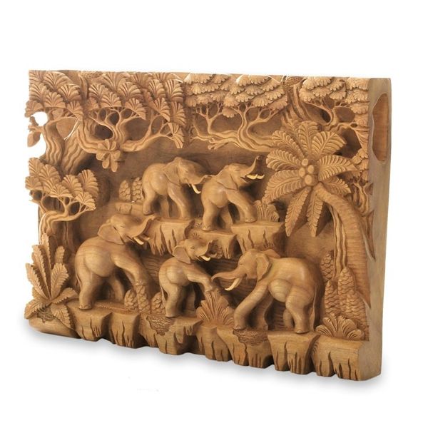 Alternate image for Fair Trade Handcrafted Elephant Wall Relief Panel Jungle Frolic