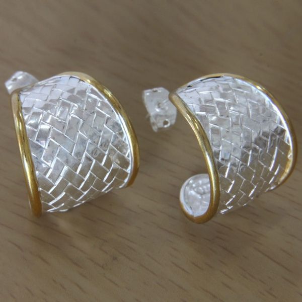 Alternate image for Half Hoop Earrings in Sterling Silver with 18k Gold Accents Celuk Weave