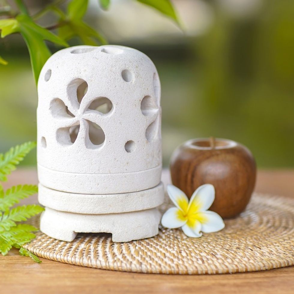 Balinese Carved Floral Limestone Tealight Holder Sculpture 'Jasmine Glow'