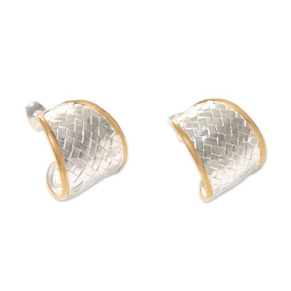 Alternate image for Half Hoop Earrings in Sterling Silver with 18k Gold Accents Celuk Weave