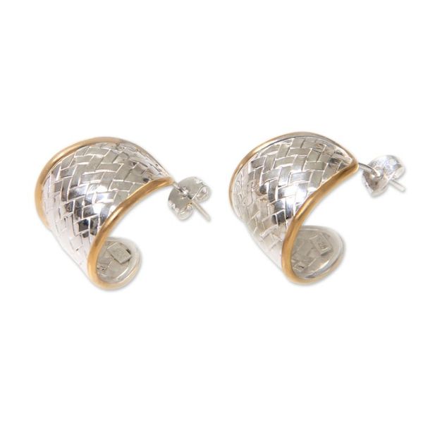 Alternate image for Half Hoop Earrings in Sterling Silver with 18k Gold Accents Celuk Weave