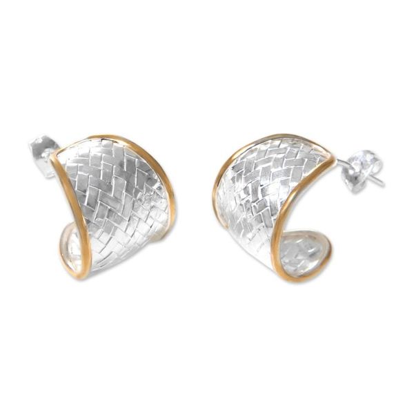 Alternate image for Half Hoop Earrings in Sterling Silver with 18k Gold Accents Celuk Weave