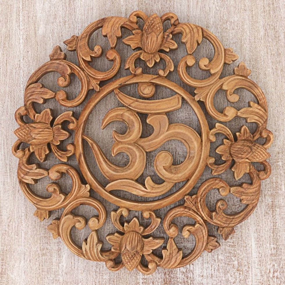 Hand Made Wood Wall Relief Panel of Floral Om from Indonesia 'Flower Om'