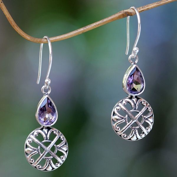 Alternate image for Sterling Silver and Amethyst Dangle Earrings from Bali Purple Bali Cakra