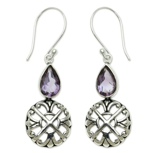 Alternate image for Sterling Silver and Amethyst Dangle Earrings from Bali Purple Bali Cakra