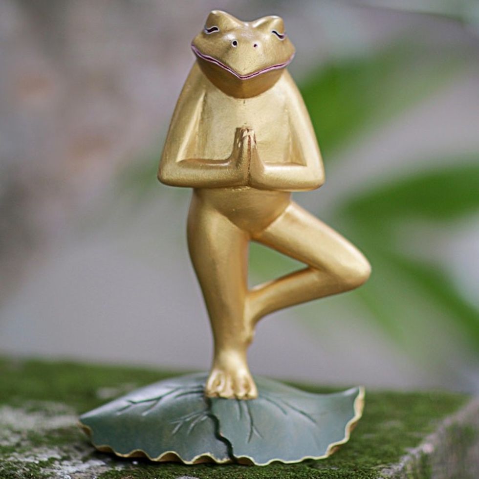 Hand Carved Frog Sculpture Gold Tone from Indonesia 'Frog Pose'