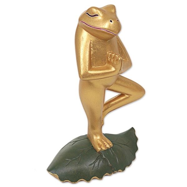 Alternate image for Hand Carved Frog Sculpture Gold Tone from Indonesia Frog Pose