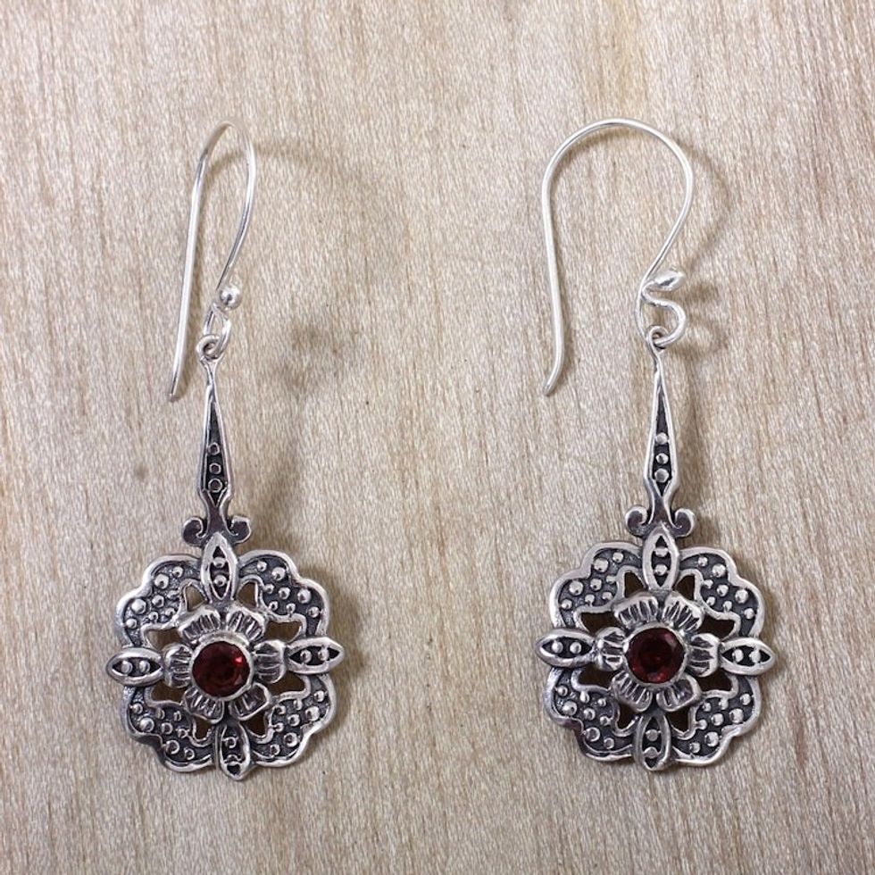 Fair Trade Garnet Dangle Earrings with Floral Motif 'Red Rafflesia'