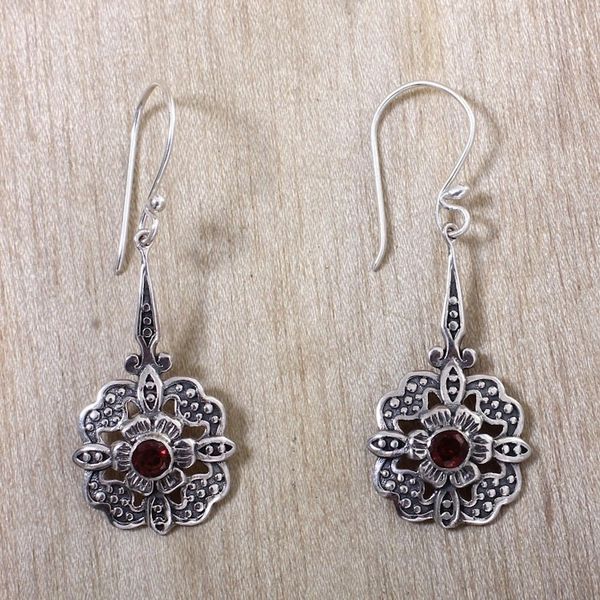 Alternate image for Fair Trade Garnet Dangle Earrings with Floral Motif Red Rafflesia