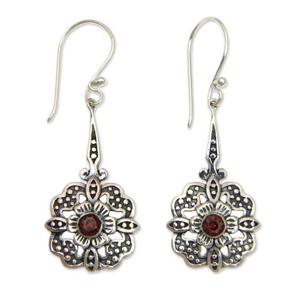 Alternate image for Fair Trade Garnet Dangle Earrings with Floral Motif Red Rafflesia