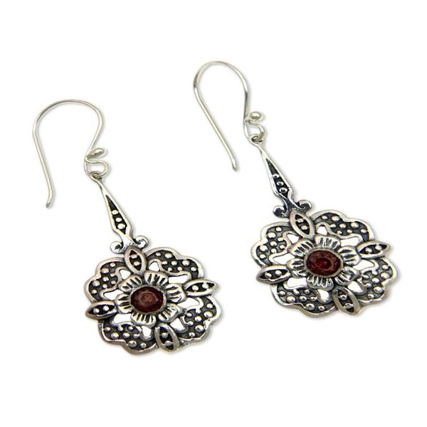 Alternate image for Fair Trade Garnet Dangle Earrings with Floral Motif Red Rafflesia