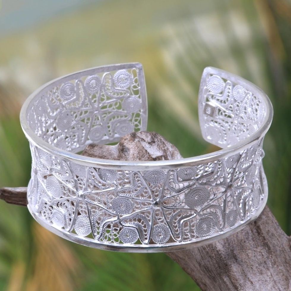 Sterling Silver Balinese Cuff Bracelet with Filigreed Coral 'Shimmering Coral'