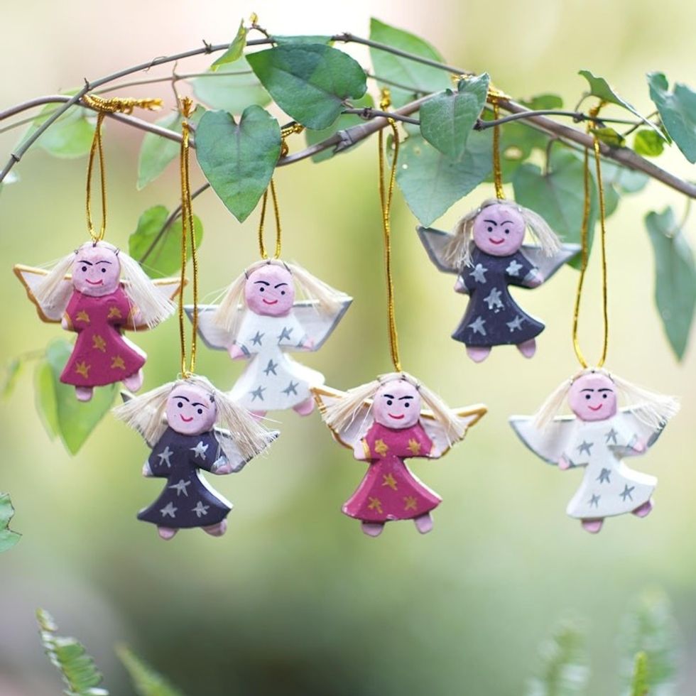 Handmade Wood Angel Ornaments from Bali Set of 6 'Angel Troupe'