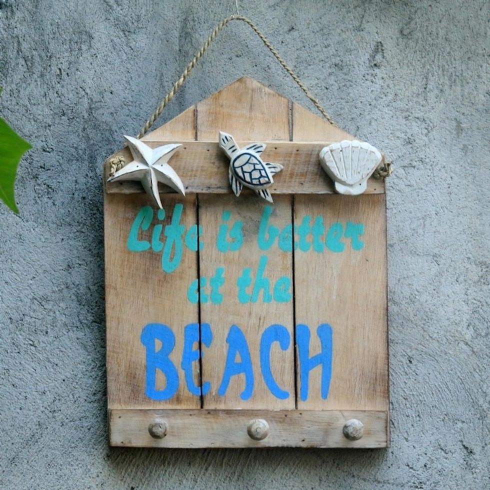 Beach and Nautical Distressed Wood Coat Rack from Indonesia 'Life is Better at the Beach'