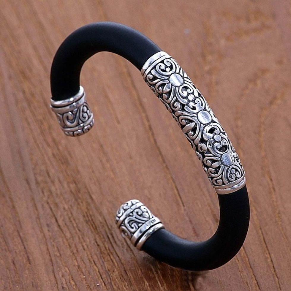 Sterling Silver and Rubber Bangle Bracelet from Indonesia 'Untouched'