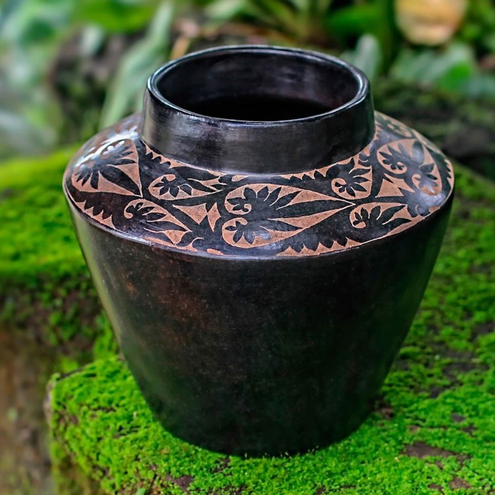 Leaf Motif Javanese Black Terracotta Ceramic Vase 'Midnight Forest'